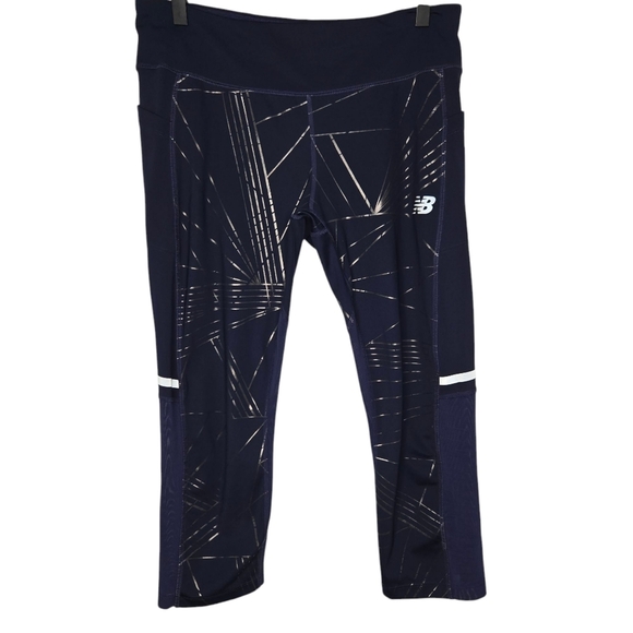 New Balance Dry Women Navy Reflective Print Impact Crop Running Leggings Size XL - Picture 1 of 7